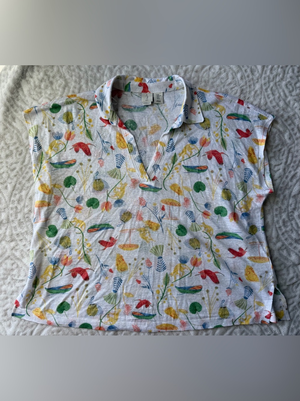 Joie Women’s XL 100% Linen Floral Bird Print Sleeveless Collared Top Coastal - Picture 2 of 8